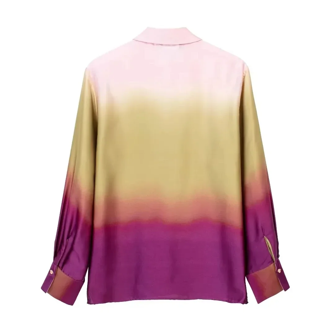 Tie Dye Shirt For Women Casual Button Lapel Print Satin Long Sleeve Shirts 2023 Streetwear Female Chic Tops Slim Blouse