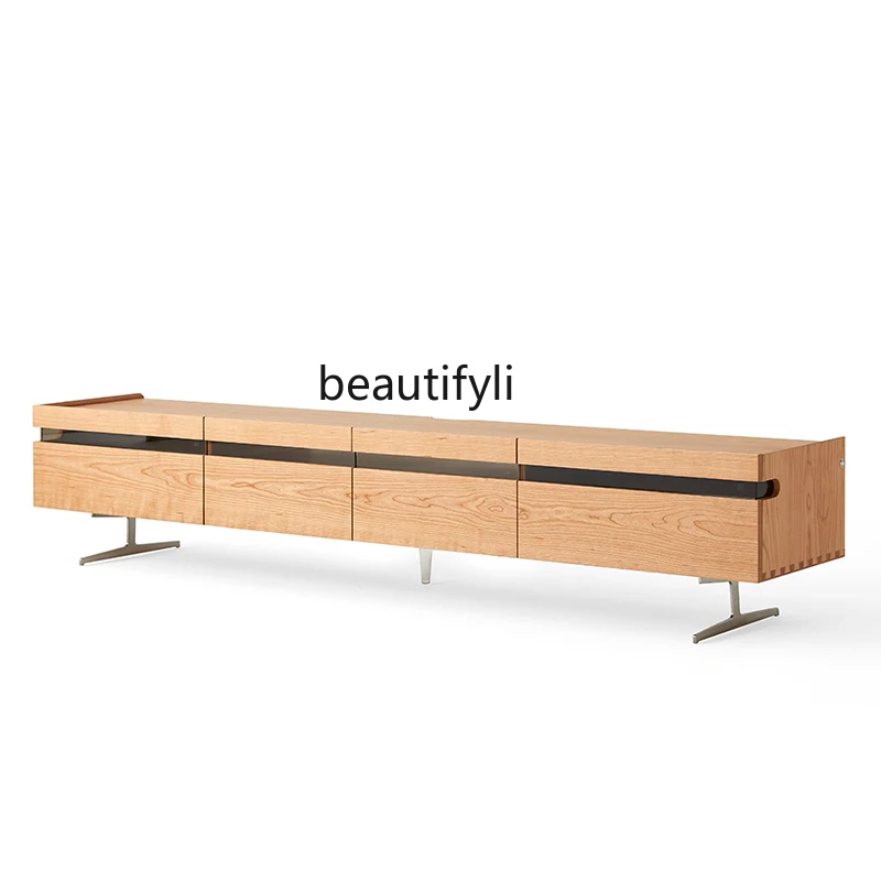 Modern Light Luxury TV Cabinet Solid Wood Stainless Steel Legs Hanging Minimalist Cherrywood Retro Audio Video Appliances Shelf