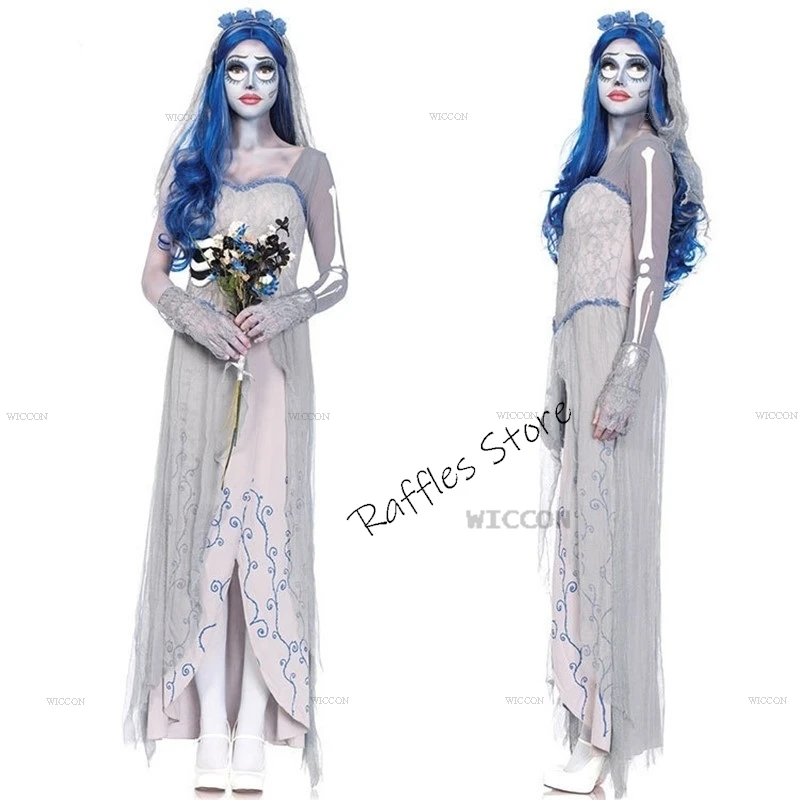 Corpse Masquerade Bride Emily Cosplay Costume Wig Zombie Ghost Halloween Party Dress up Women Scary Gothic Poor Wedding Dress