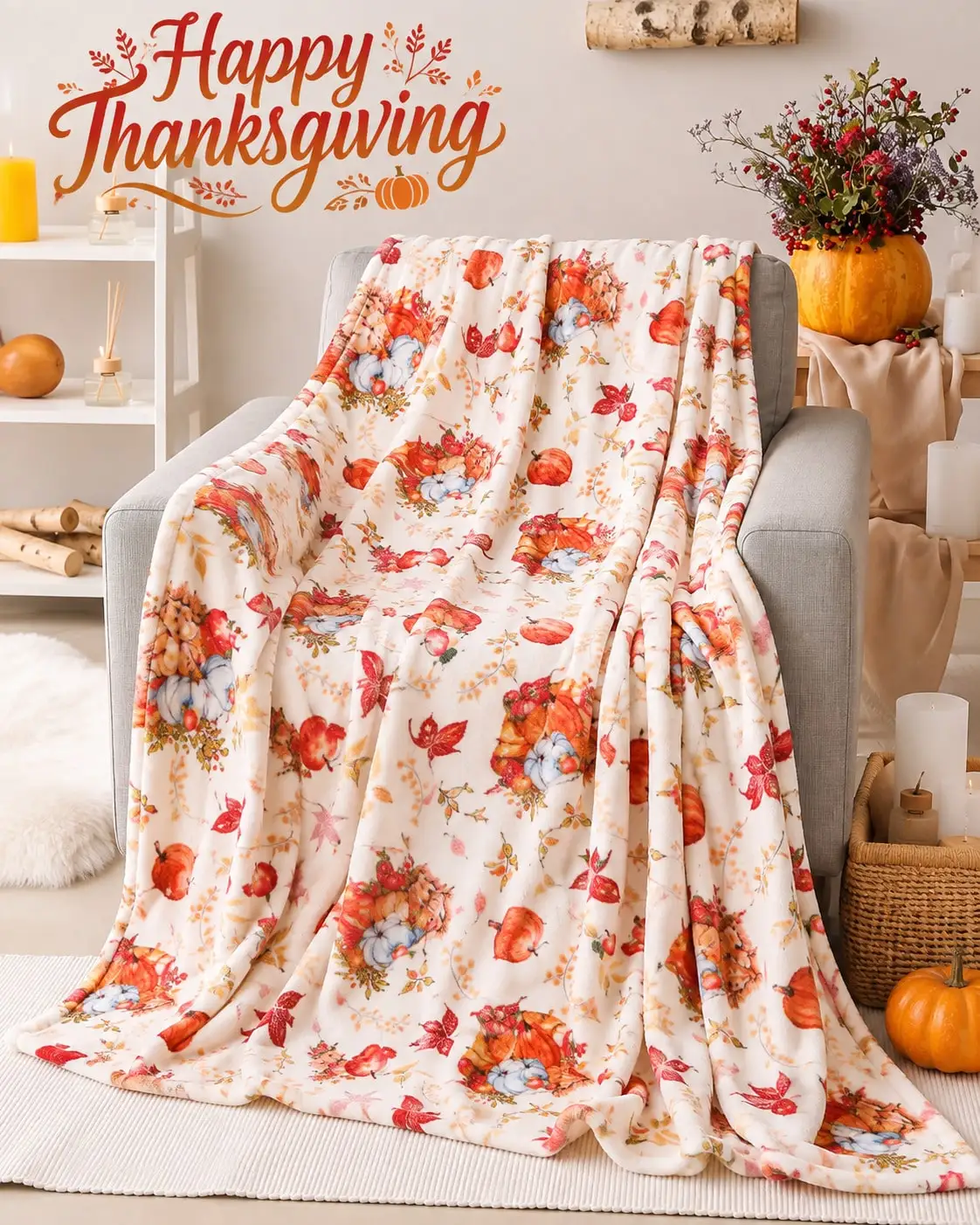 Thanksgiving Flannel Blankets & Throws Pumpkin Cornucopia Maple Leaf Harvest Sofa Throw Bed Blanket Living Room Bedroom Couch Office Travel Nap Home Decor Holiday Gift for Mom Dad Sister Brother Wife Husband Grandma Grandpa Friend Thanksgiving