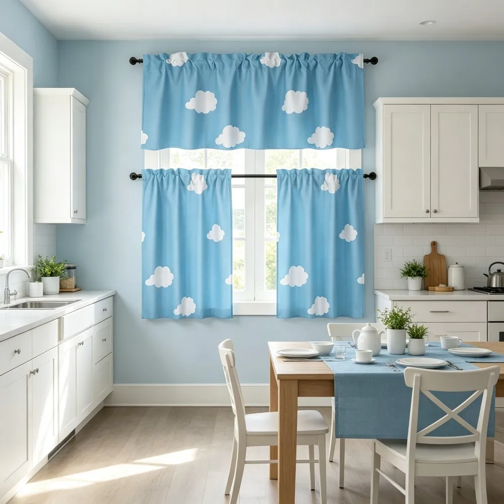 Minimalist Kitchen Curtains, Blue Sky White Cloud, Digital Print, Kitchen Dining Room, Rod Pocket Polyester, Home Decor