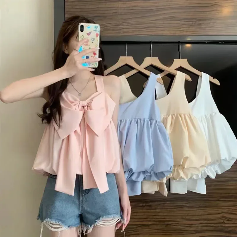 

Sweet Bow Camis Women Summer Fashion Solid Ruffles Casual Crop Tops Female Korean Chic Sleeveless Holiday All-match Tanks New