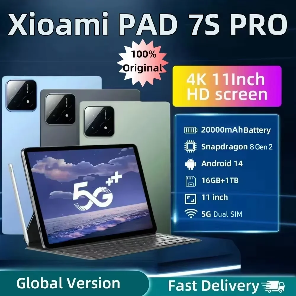 Pad 7s Pro-Android 14タブレット,グローバルバージョン,オリジナル,デュアルSIM, Bluetooth,wifi,pc,hd,4k,22GB 1テラバイト,20000mah,5g,2022