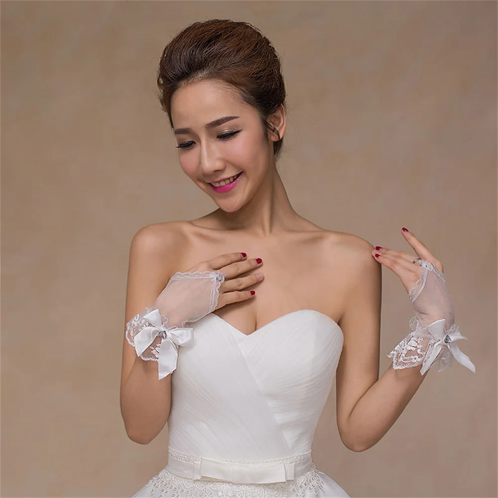 Wedding Accessories Wrist Gloves White Lace Bow Dewfinger Nailed Bead Gloves Fingerless Bridal Gloves