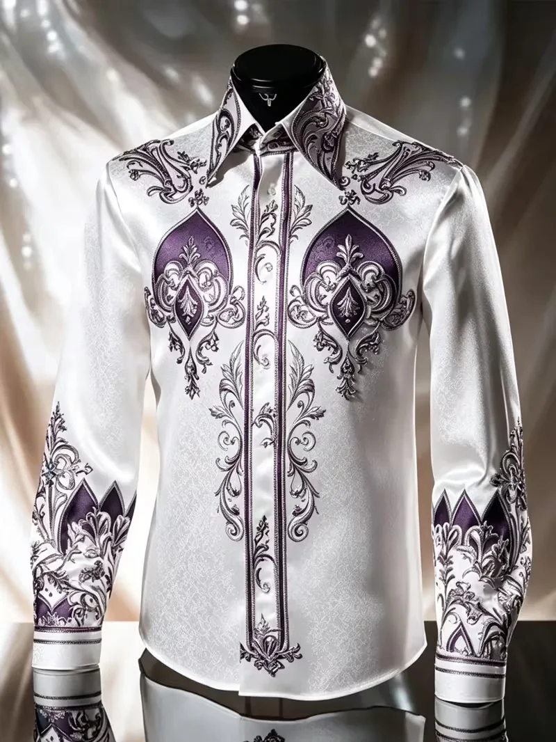 Fashionable Men's Shirt with Retro Baroque Grape Flower Pattern Long Sleeved Lapel Button Comfortable Soft Fabric Party Shirt
