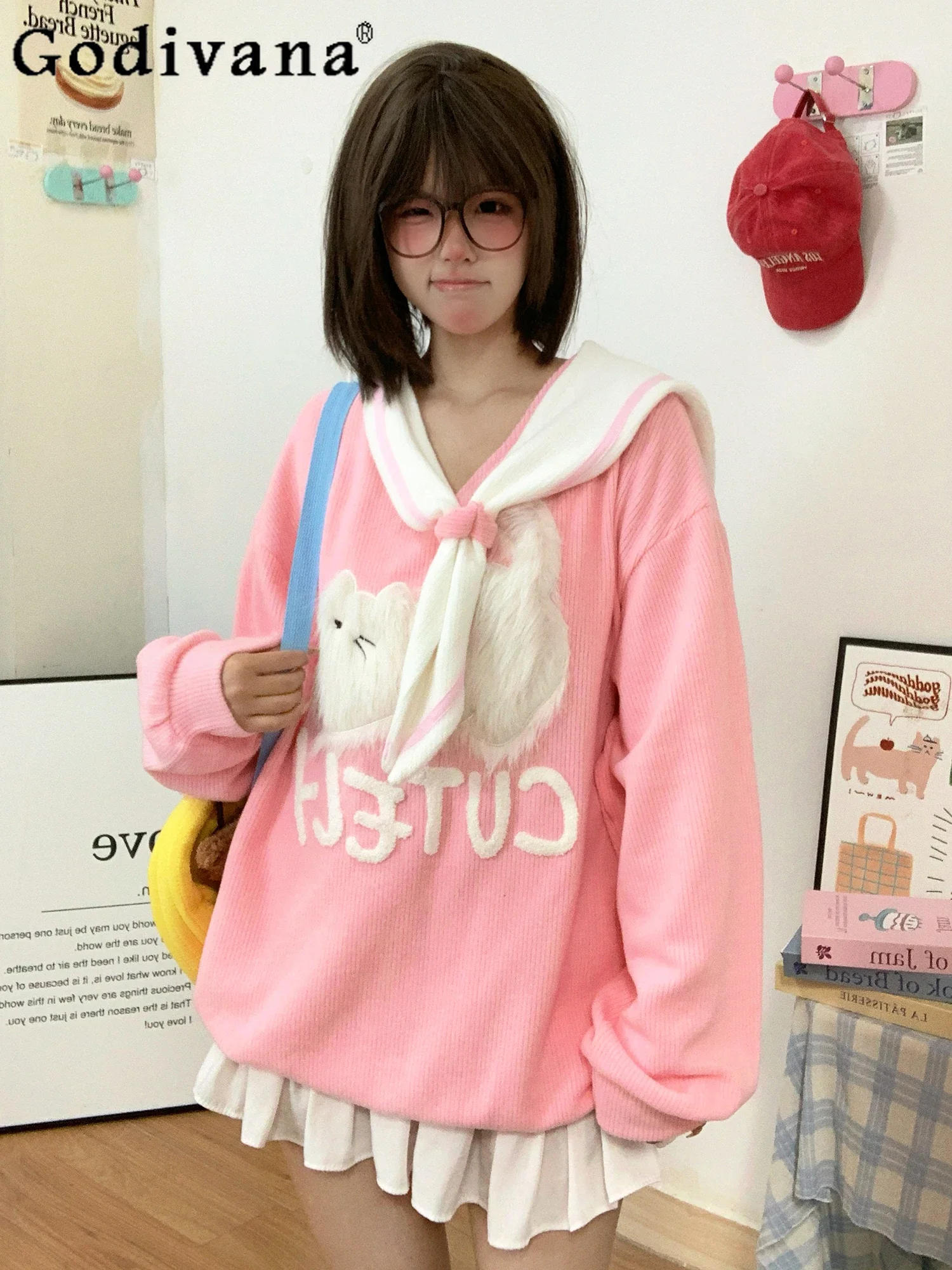 

College Sailor Collar Sweet Cute Loose Hoodies Women Autumn Fashion Letter Print Pink Kawaii Long-sleeved Hoodies Y2k Pullover