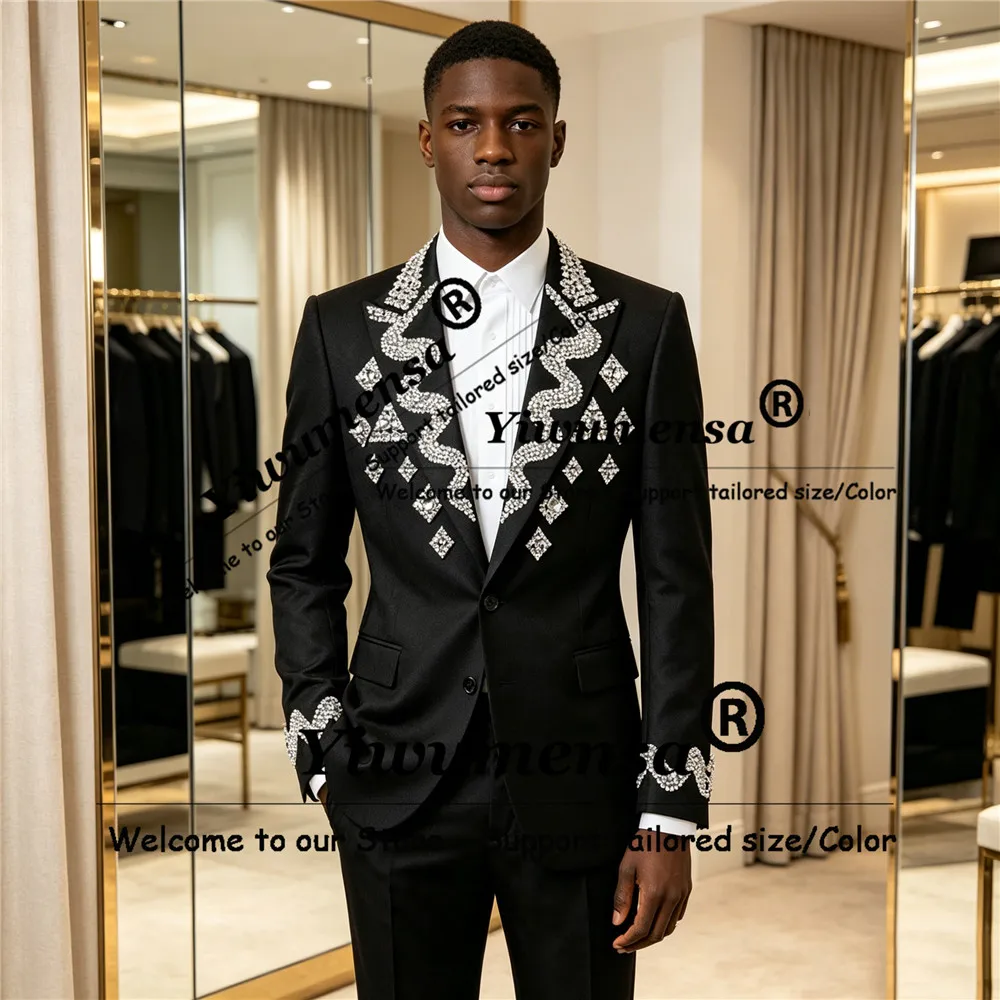 Exclusive Wedding Suits For Man Sparkly Rhinestones Beaded Jacket Pants 2 Pieces Sets Groom Dinner Party Tuxedos Slim Fit Outfit