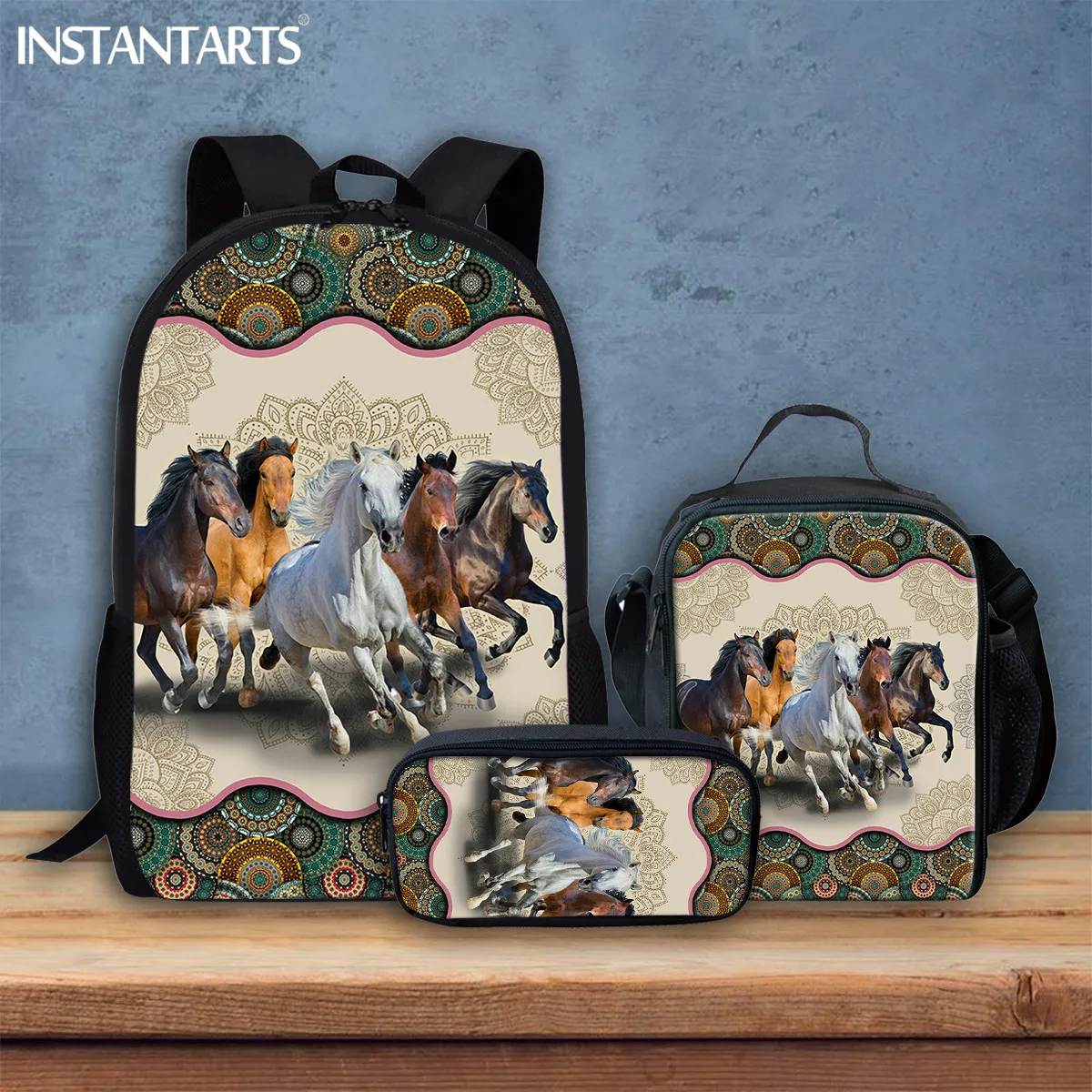 INSTANTARTS Crazy Horse Boho Style 3pcs/set School Bag for Women Bohemia Pencil Bag Ripstop Storage Bags Portable Travelbags