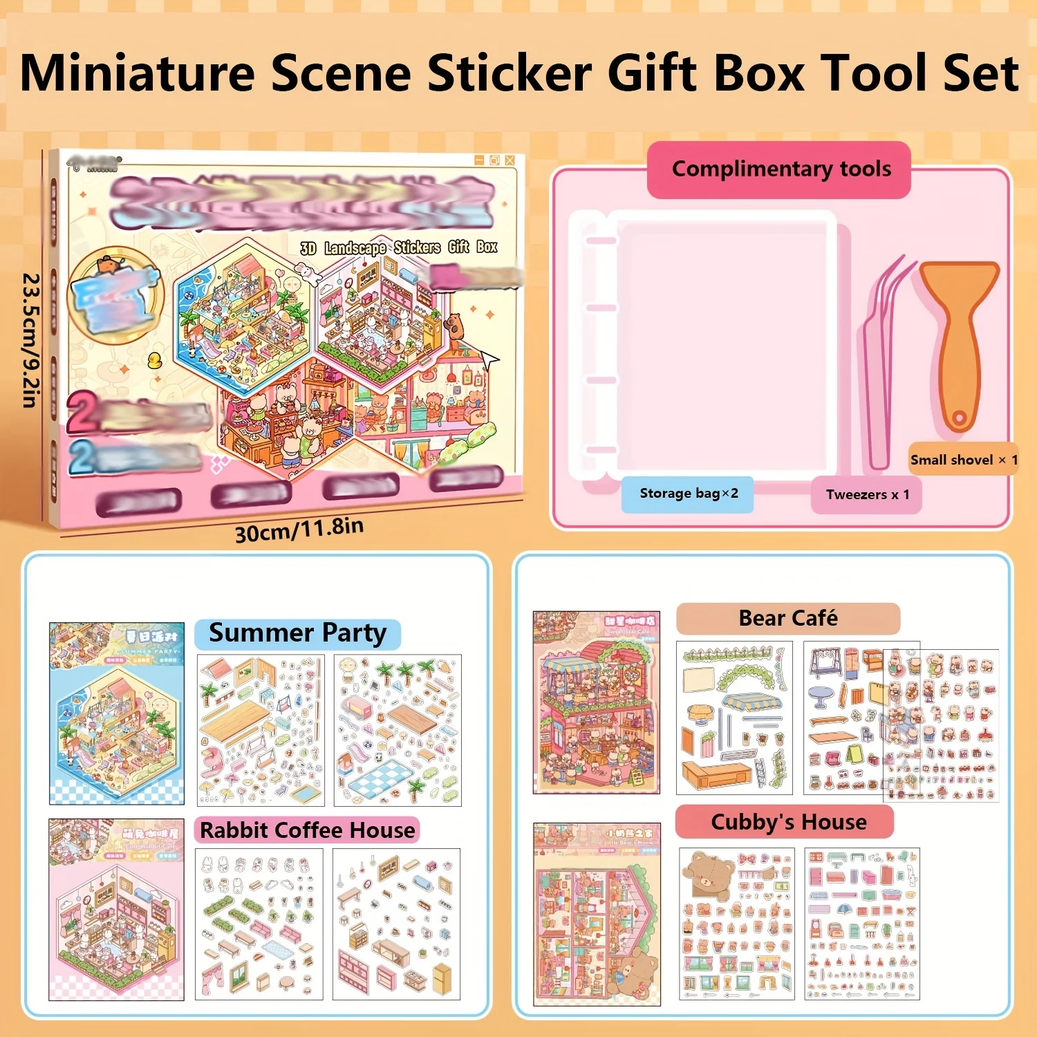 4 scene cardstock + 9 stickers + 1 tweezers + 1 small spatula + 2 pieces of storage bag + 1 gift box miniature scene combo set