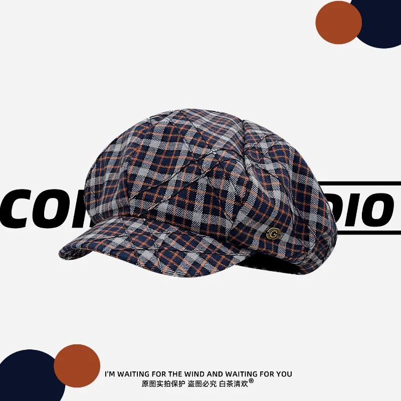

Japanese Retro Plaid Color Matching Octagonal Newsboy Cap Women Spring and Autumn Literary Trend British Sunshade Beret