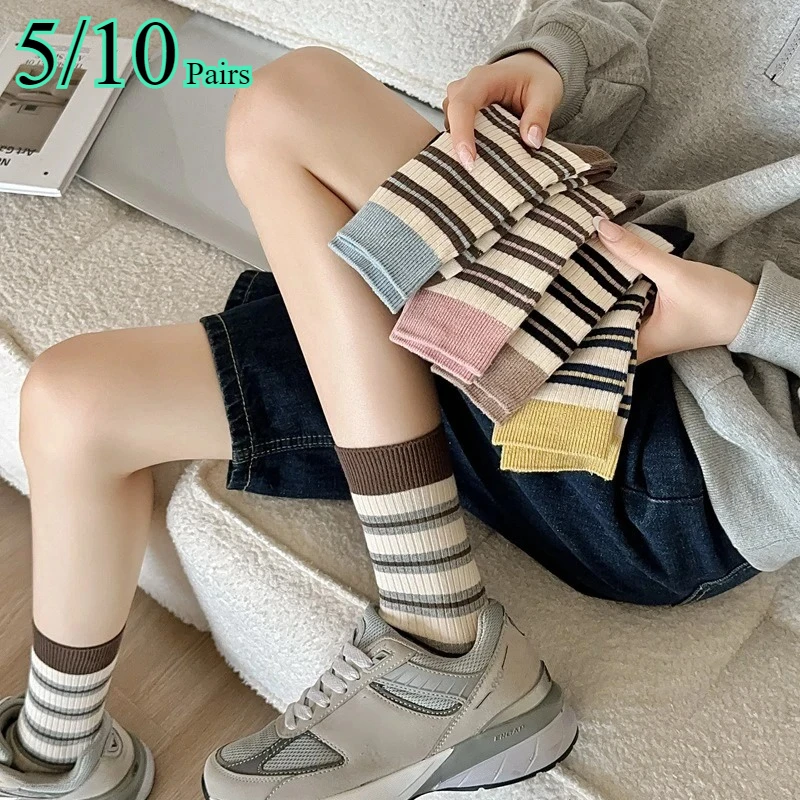5/10 Pairs Spring Autumn Color Striped Women Mid Tube Socks Korean Version Design Soft Comfortable Fashionable Casual girl Socks