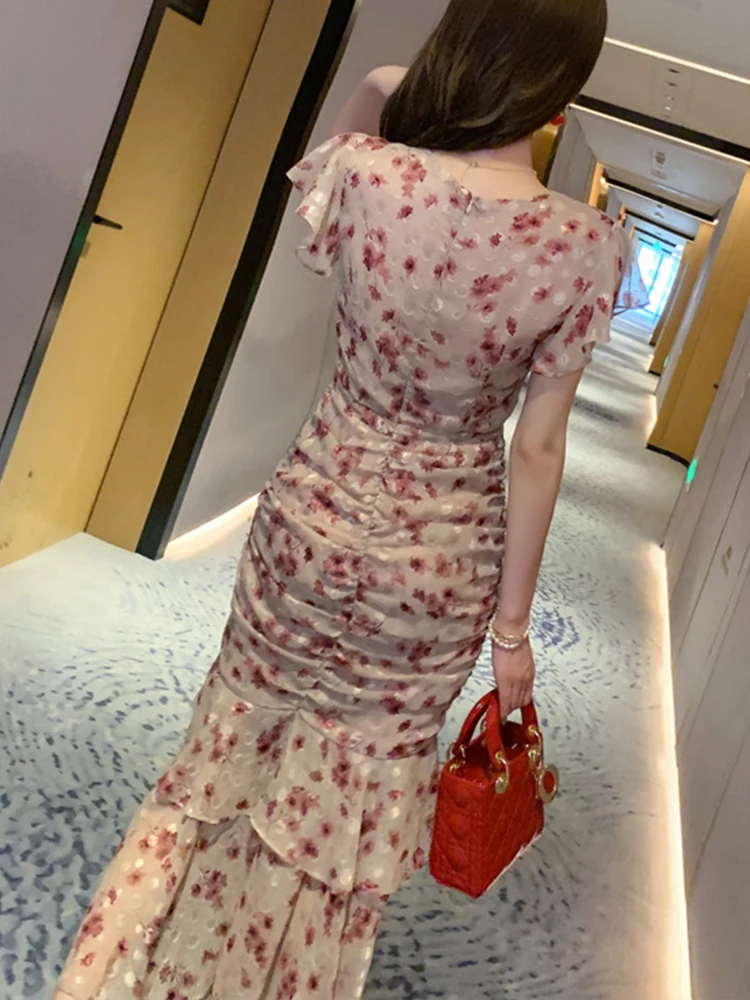 Korean Style Romantic Floral Dress Women Holiday Pretty Ruffles Pleated Slit Fishtail Robe Party Beach Vestidos Vacation Clothes