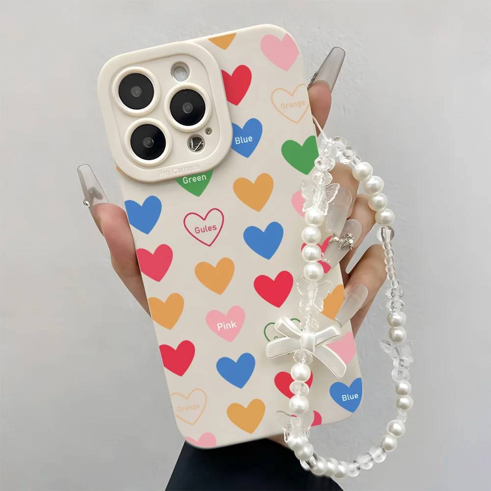 Lanyard Colorful Heart Korean Phone Case For iPhone 17 16 15 14 13 12 11 Pro Max X XS XR 16E 17E 7 8 16 Plus Wrist Strap Cover