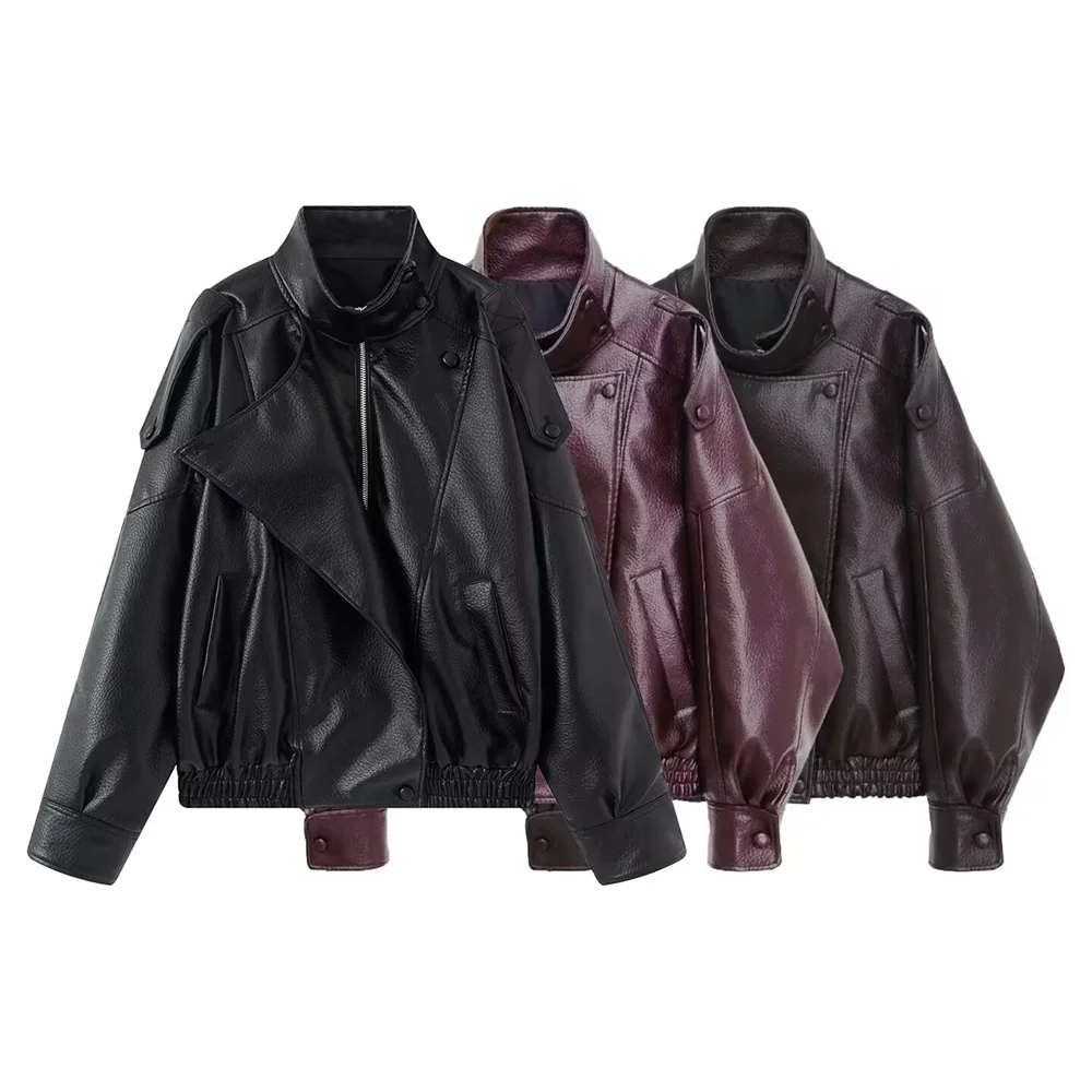 

Autumn new women's clothing design sense fashionable and versatile imitation leather long sleeved stand up collar jacket