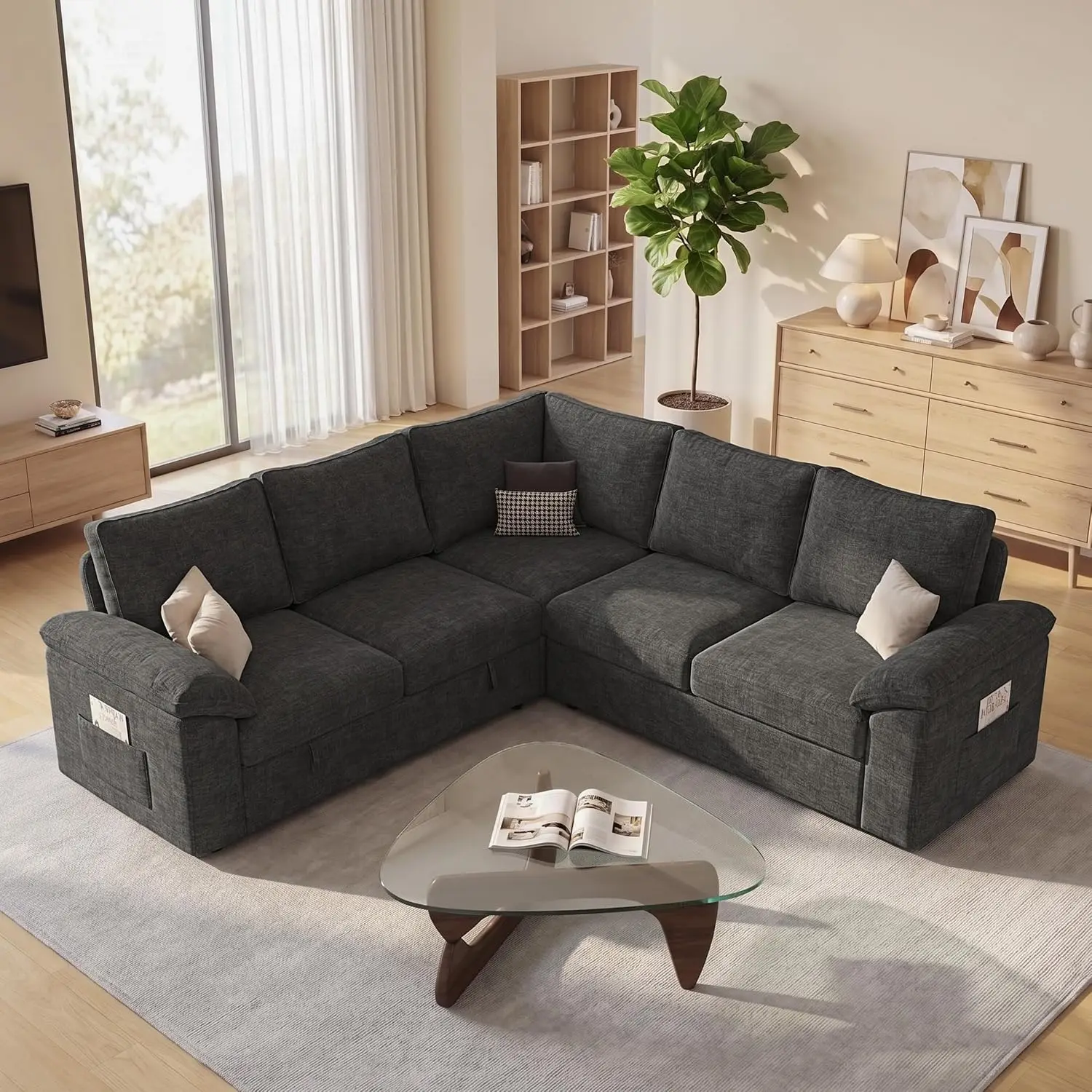 85 Inch Modular Sectional Sofa with Pull Out Bed,L Shaped 5 Seat Sectional Sleeper Sofa with Storage,Sectional, Customized