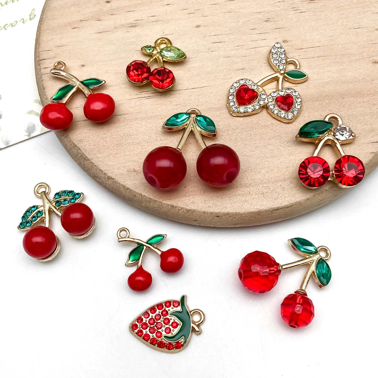 10/20//30pcs Sweet Cherry & Strawberry Alloy Pendants – Diamond-Accented Enamel Craft, Perfect for DIY Earrings, Bracelets, Neck view 3