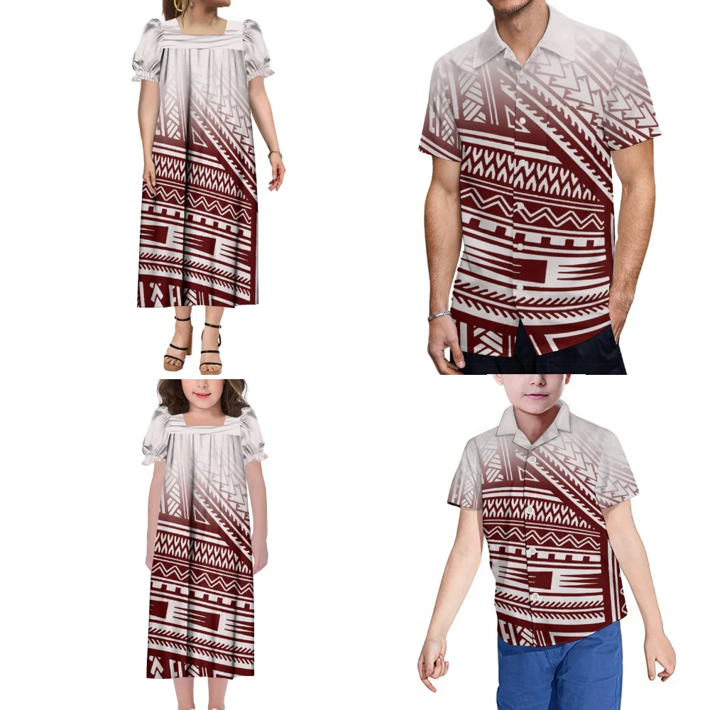 

2024 New Family Party Wear Microsia Custom Polynesian Party Wear Women Girls Dress New Mumu Men Boys Casual Shirt