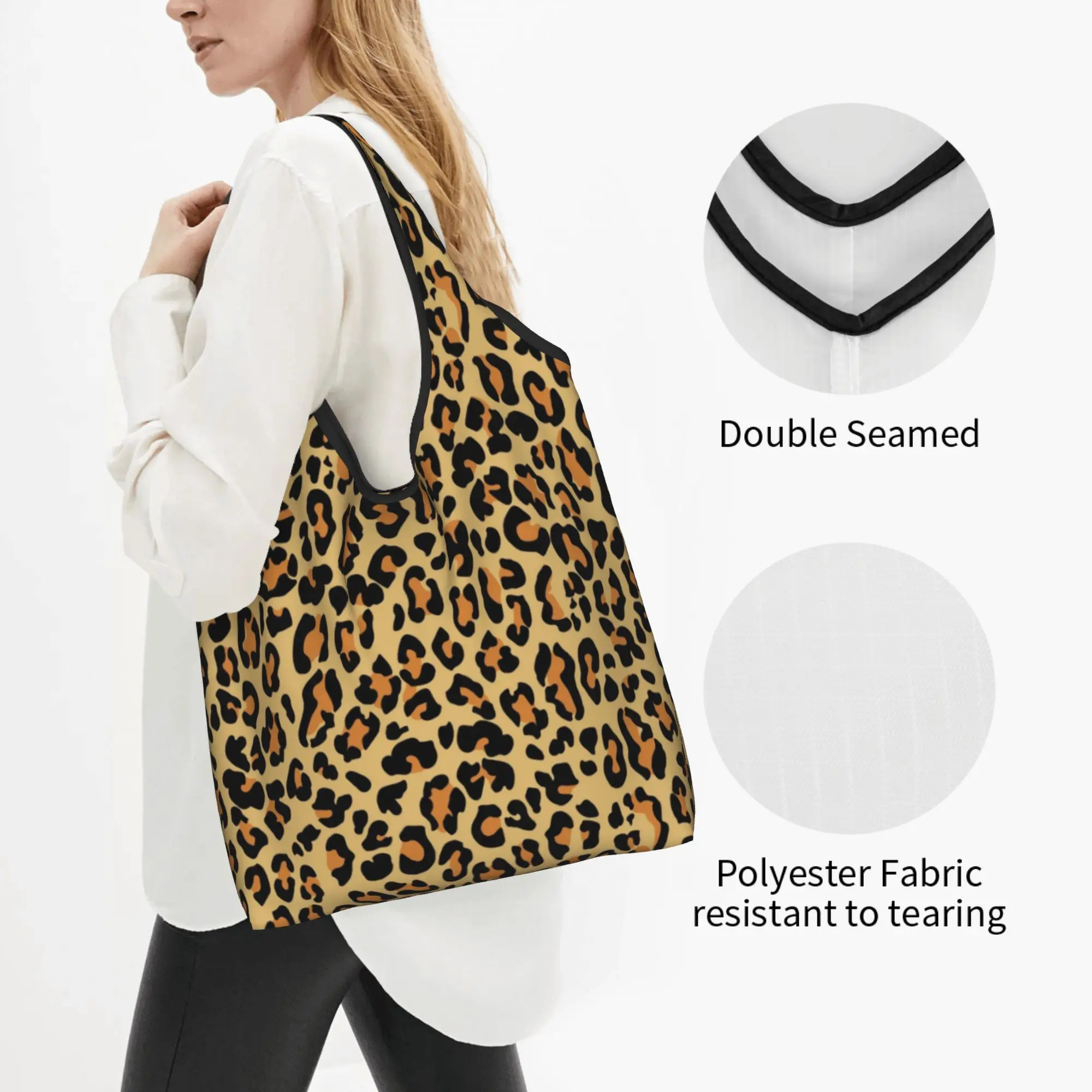 Recycling Leopard Print Shopping Bag Women Tote Bag Portable Animal Skin Grocery Shopper Bags