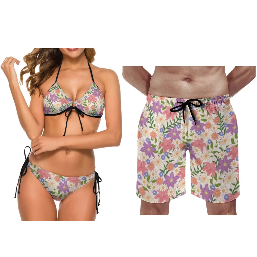 

Летние женские платья с цветочным узором, мужские пляжные брюки, пляжные купальники, наряды для пар, доступны индивидуальные узоры.