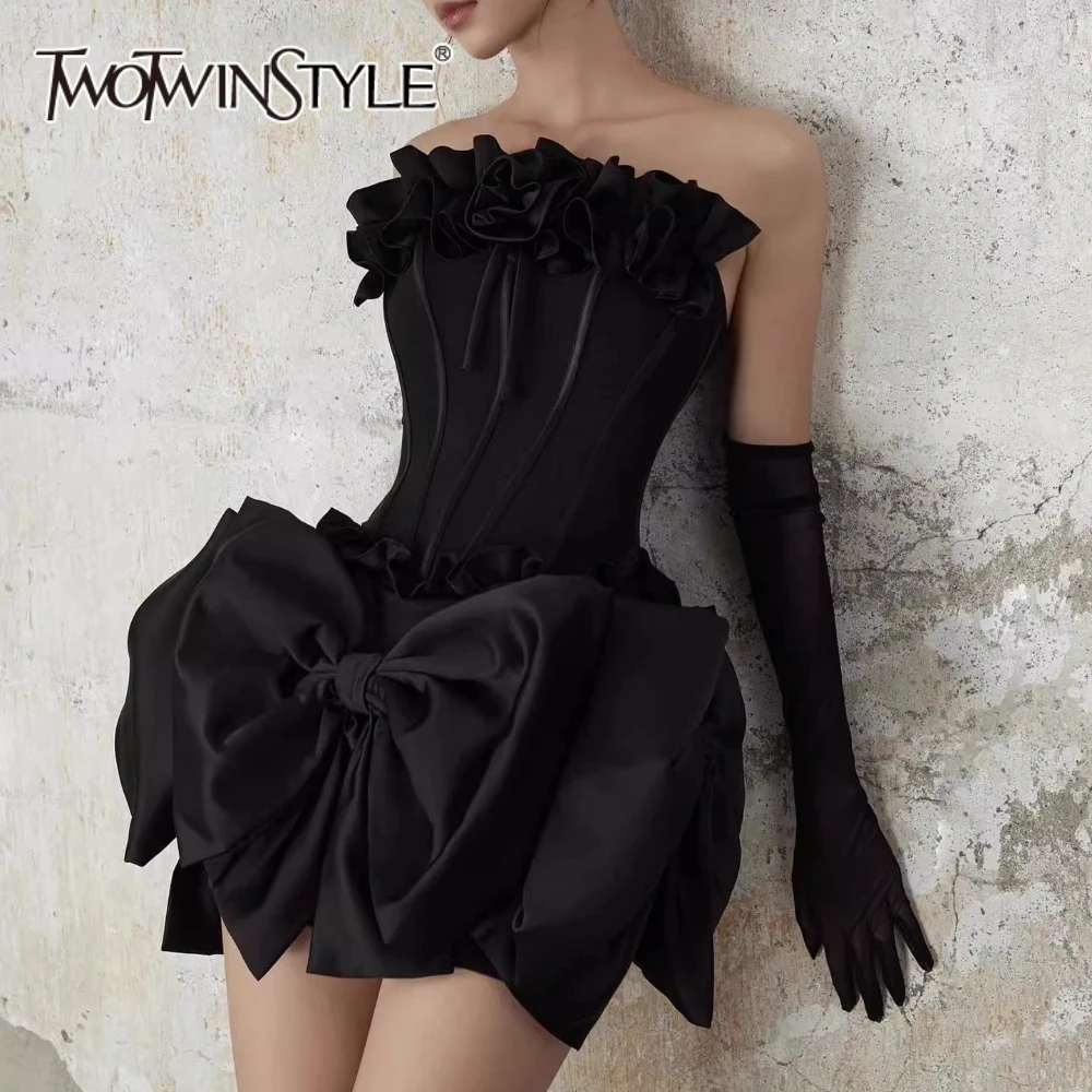 

TWOTWINSTYLE Black Slimming Spliced Fungus Folds Dresses for Women Strapless Sleeveless Patchwork Bowknot Elegant Dress Female