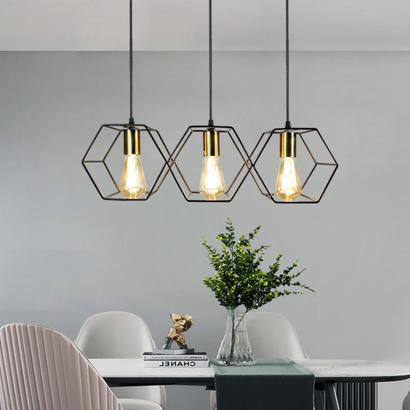 Modern Creative LED Chandelier Hanging Light Geometric Metal Frame Lamp Suitable For Restaurant Bedroom Above the Dining Table