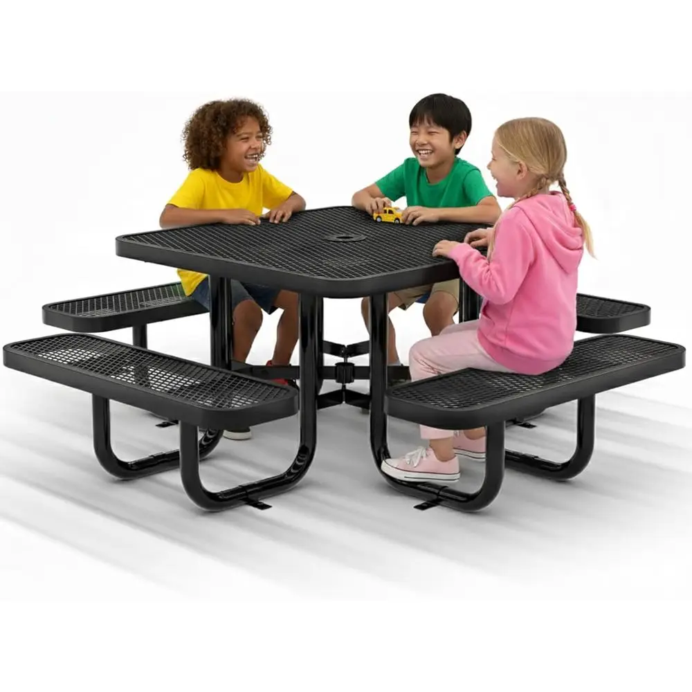 

Square Metal Picnic Table with Umbrella Hole, Adjustable Seats, Ideal for Kids, Parks, and Playgrounds (Black, 38)