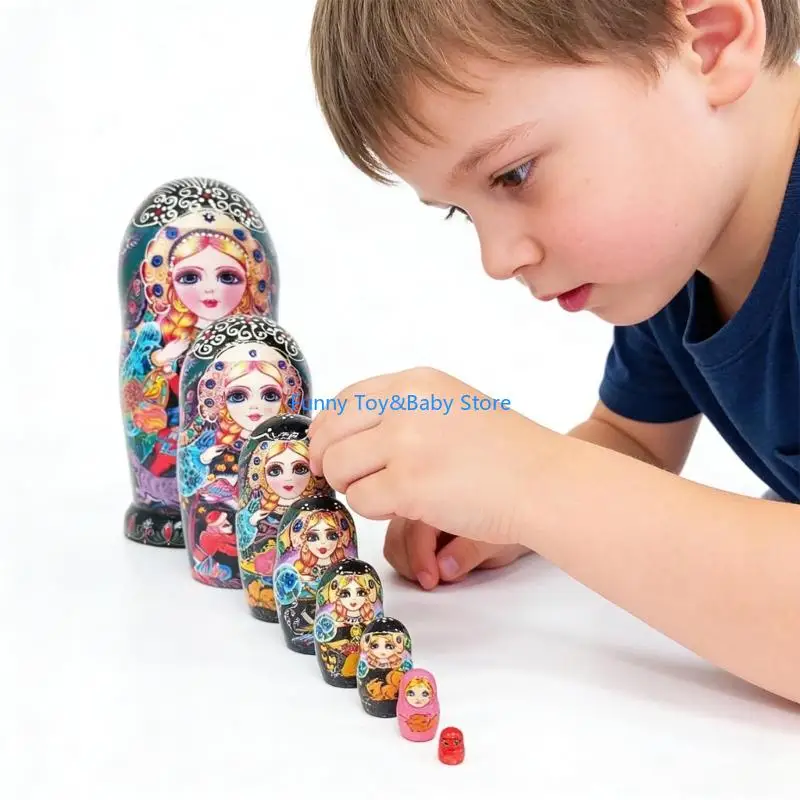 10 Layer Russian Nesting Dolls with Colorful Pattern Lacquered Art Folk Matryoshka Toy for Home Decors Collection C90B