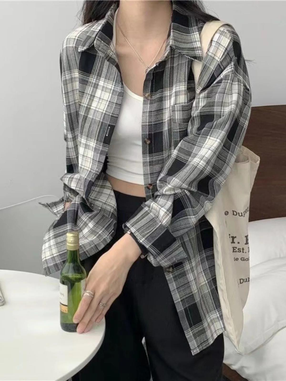 2025 New Women's Loose Plaid irt Korean Sle Design Sensation Spring Autumn Faion Commute Sle Regular Sve Long ...