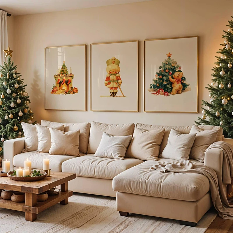 Vintage Christmas Tree Nutcracker Teddy Bear Fireplace Poster and Prints Canvas Printing Festive Wall Art Picture for Home Decor