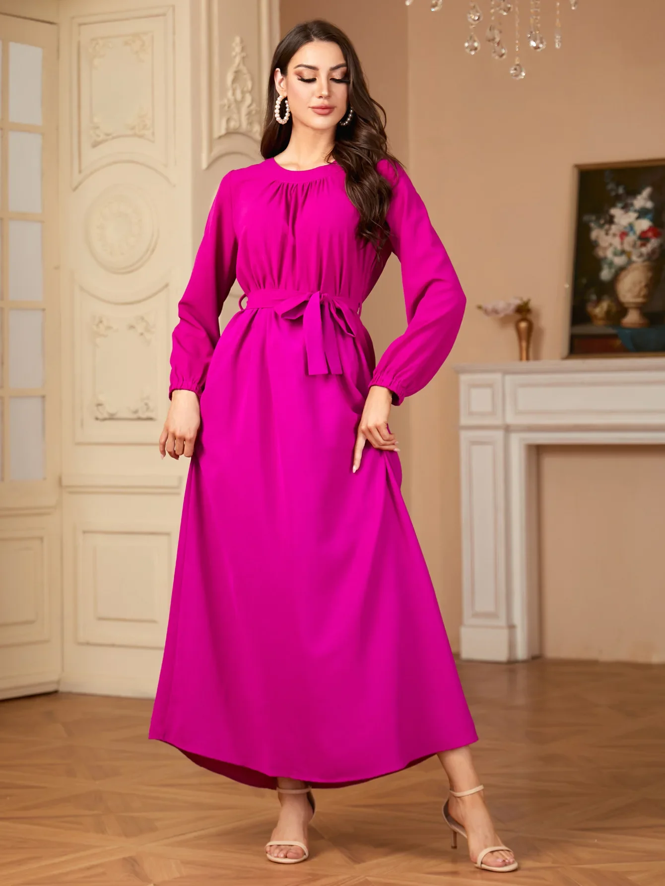 Vintage Sukienka Letnia Jednolity Kolor Szlafrok Damski Turcja Vestido Kaftan Kobiety Sznurowana Moda Dekolt O Długi Rękaw Muzułmańska Abaja Sukienka 2024