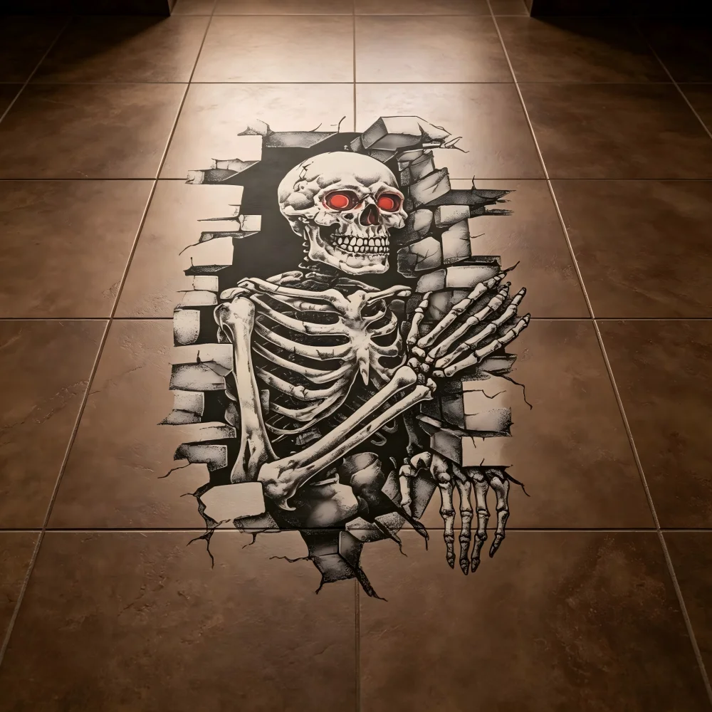 1PC 2D flat broken wall skeleton floor sticker, red eye skeleton crack floor sticker