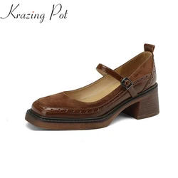 Krazing Pot Genuine Leather Fashion Carving Design Autumn Square Toe British School Thick High Heels Buckle Straps Women Pumps