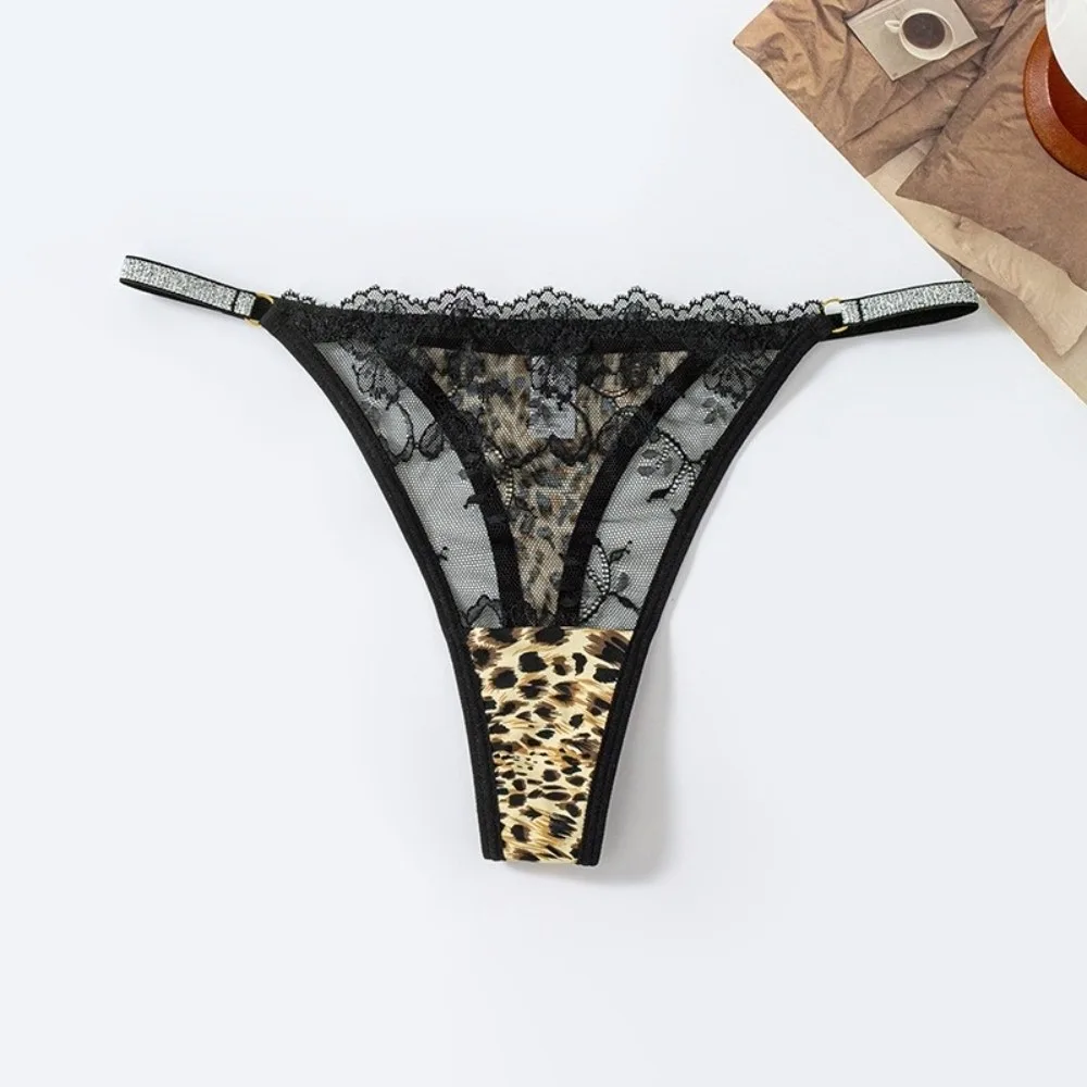 Elegant T-back Ladies' Underwear Transparent Lingerie Leopard Print Thong Crystal Belt Mesh Triangle Panties Girl