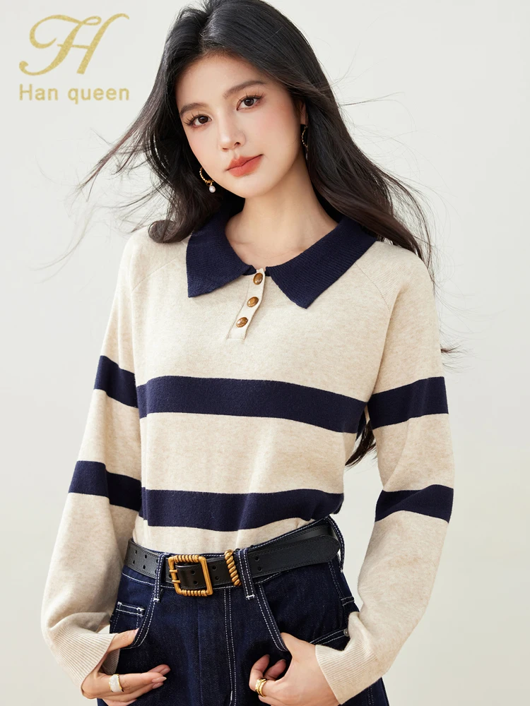 

H Han Queen Autumn Winner Pullover Sweaters Women Fashion Color Blocking Stripe Vintage Casual Top Basic Knitwear Woman Clothing