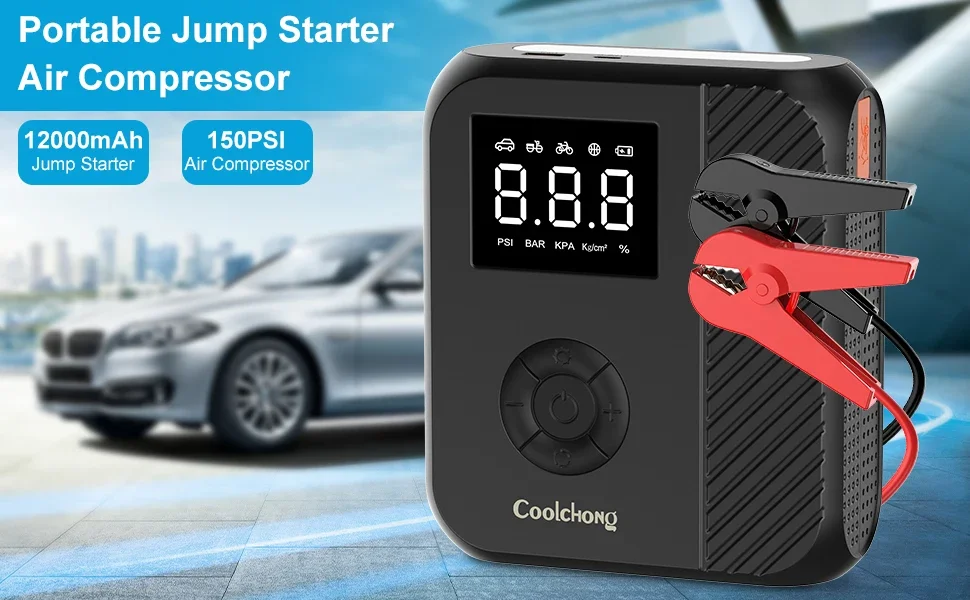 1800A Digital Jump Starter 150PSI Tire Inflator 14800mAh 12V Portable Lithium Auto Battery Booster 8.0L Gas 6.0L