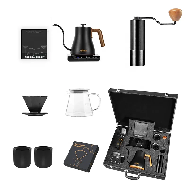 Portable Camping Hand Drip Coffee Maker Set Gift Box Portable Leather Suitcase Pour Over Coffee Brewing Kit for Outdoor Travel