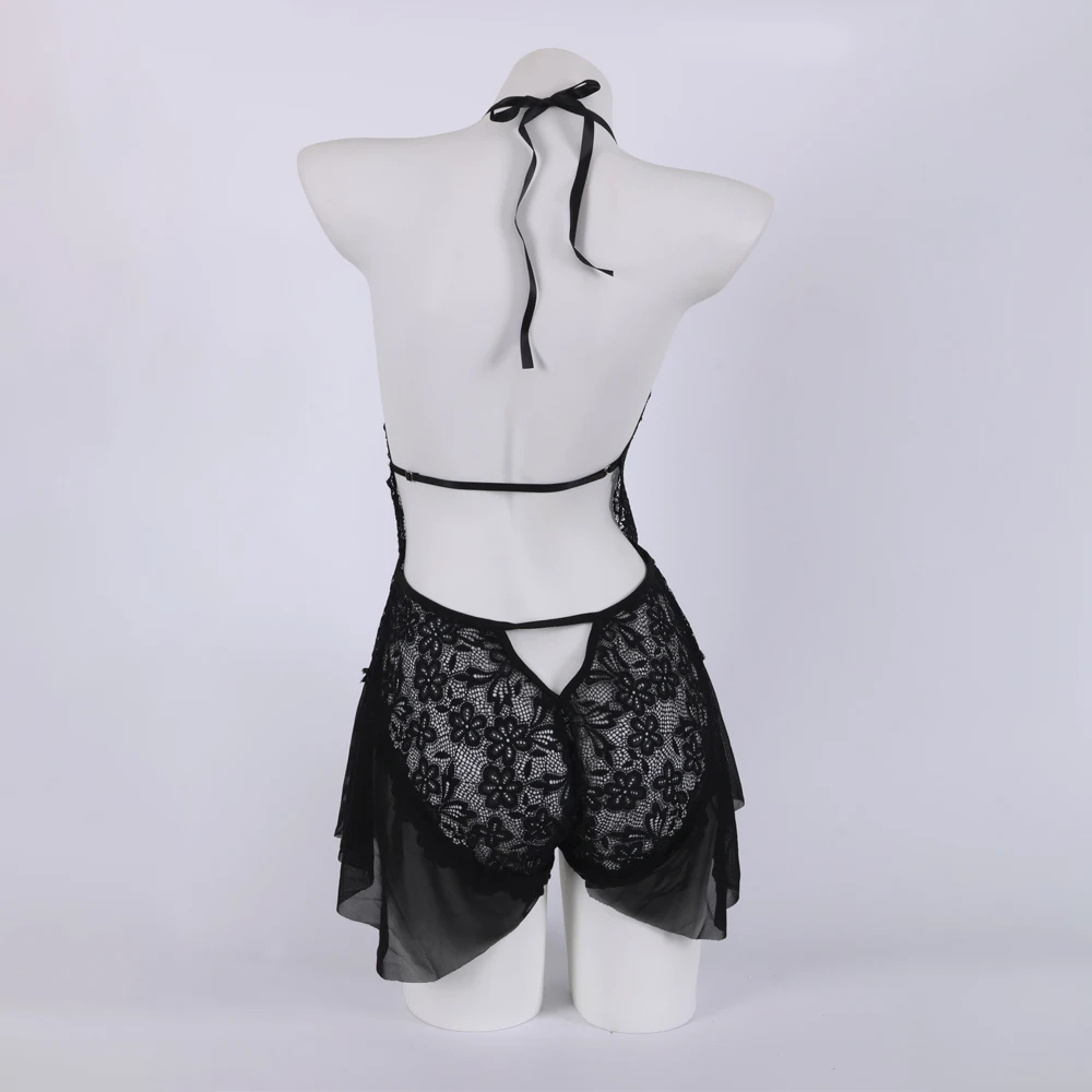 ملابس داخلية مثيرة وساحرة، بذلة برباط شفافة من الدانتيل الأسود، ثوب نوم رومانسي مفتوح المنشعب بدون تأخذ