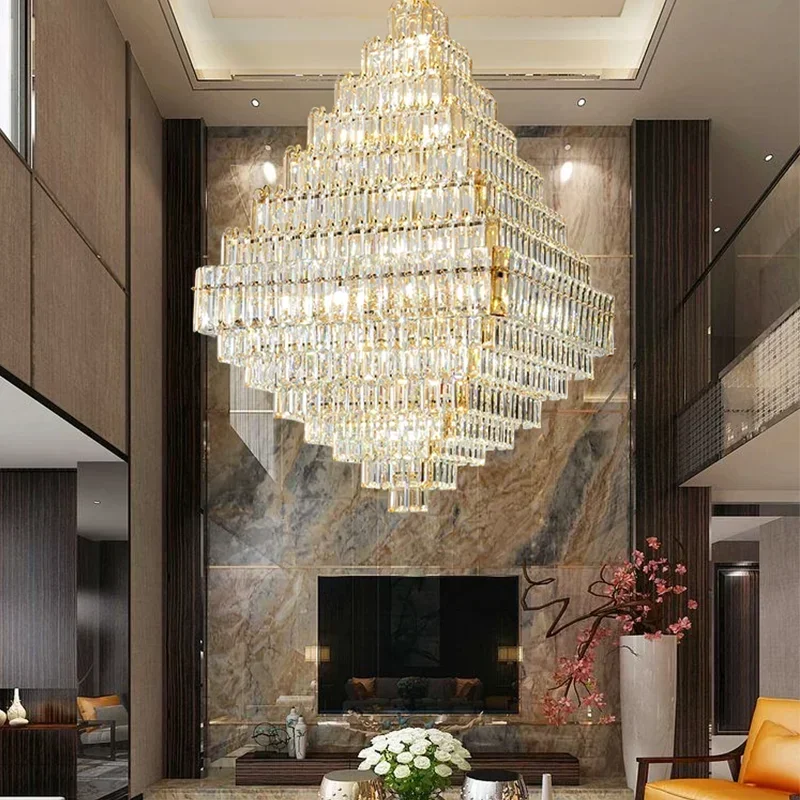 Postmodern duplex building square pyramid crystal chandelier living room, middle floor, high-end hotel lobby lighting decoration