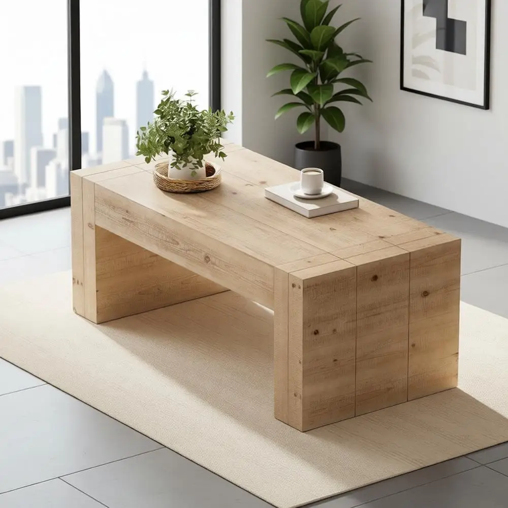 Rustic Wooden Coffee Table with Thick Legs, Rectangular Design for Living Rooms, Natural Finish, Sturdy Farmhouse Style, Brown