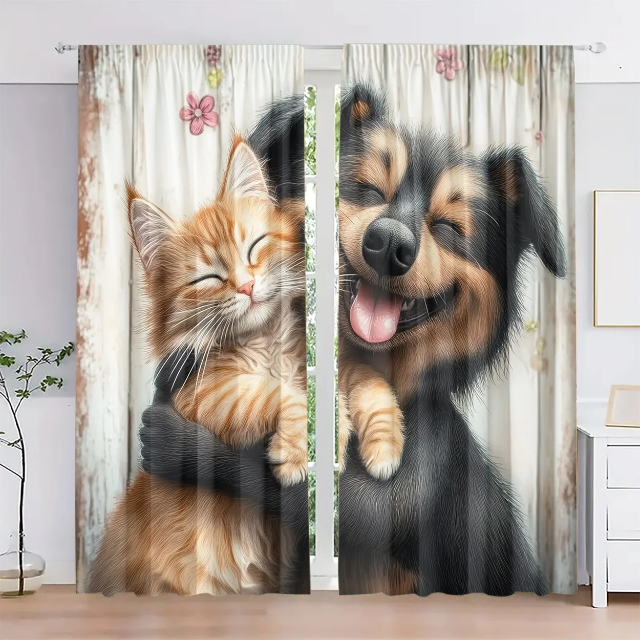 Cute Cat Dog Curtain, Hugging Pet Window Drape, Funny Animal Friendship Blackout Panel, Kids Room Living Room Home Decor