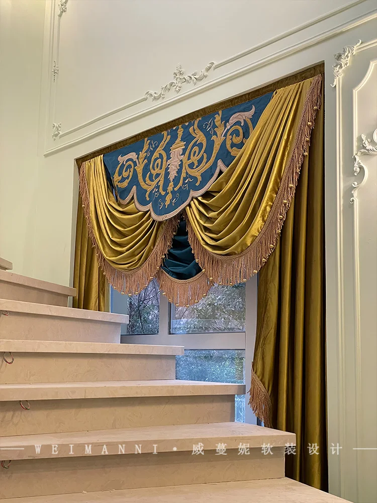 Customized European Palace Embroidered Luxury Blue Valance Velvet Curtains for Living Room Bedroom Window Decor Tulle Elegant