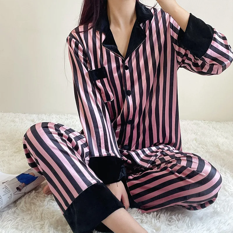 Sexy Nightwear Women\'s Autumn Winter Long-Sleeved Fashion Senior Sense Temperament Ladies Homewear Suit Striped Cardigan Lapel