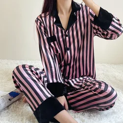 Sexy Nightwear Women's Autumn Winter Long-Sleeved Fashion Senior Sense Temperament Ladies Homewear Suit Striped Cardigan Lapel