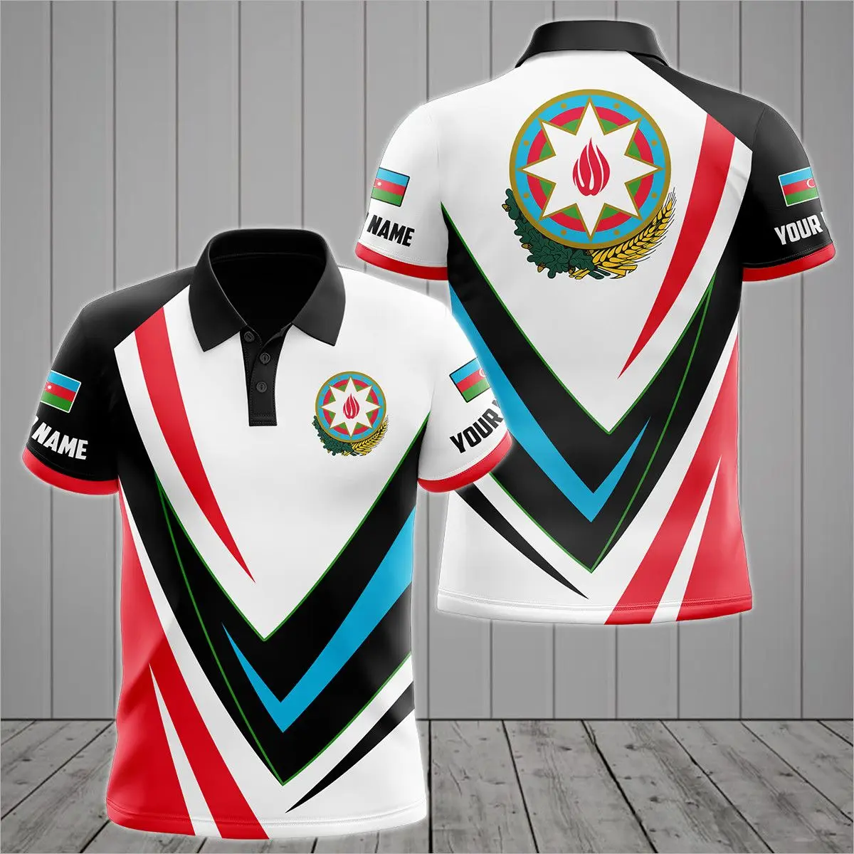 Azerbaijan Flag & Coat of Arms Custom Name Polo Shirts Summer Casual Streetwear Men's Fashion Loose Jersey Plus Size Sportswear