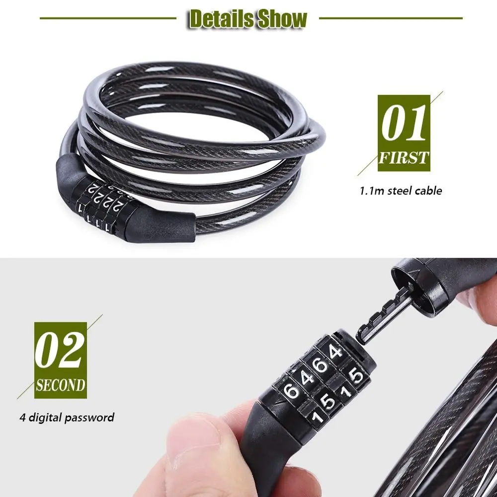 ABS with Steel Wire Bicycle Code Cable Lock 4-Digit Password Universal Steel Cable Lock 1200MM Anti Theft Bike Security Chain