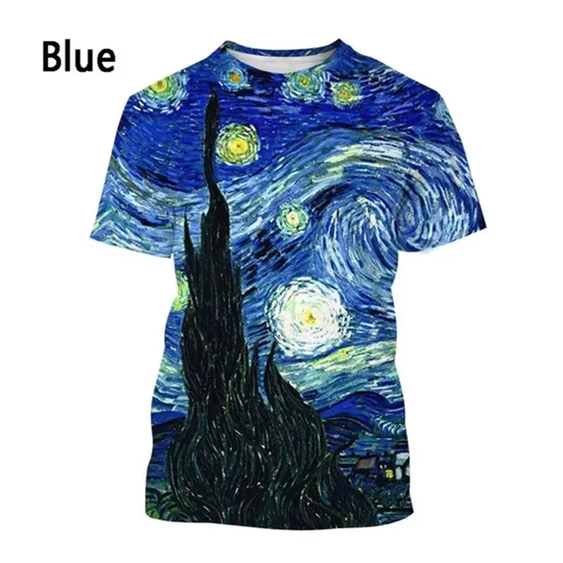 Art Oil Painting Graphic T Shirt For Men Starry Night 3D Printed T-Shirts Summer Casual Short Sleeve Round Neck Loose Tees Tops
