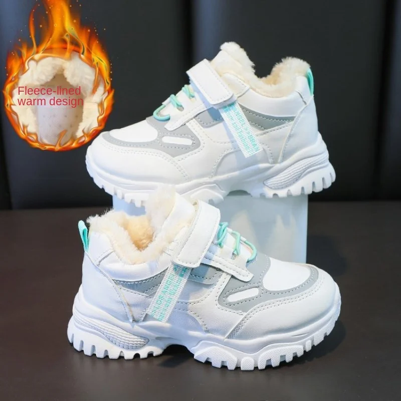 

2022 New Kids Running Shoes Girl Boy Shoes Soft Non-slip Winter Warm Plush Boys Sneakers for Patchwork Children Sport Shoe 3-12