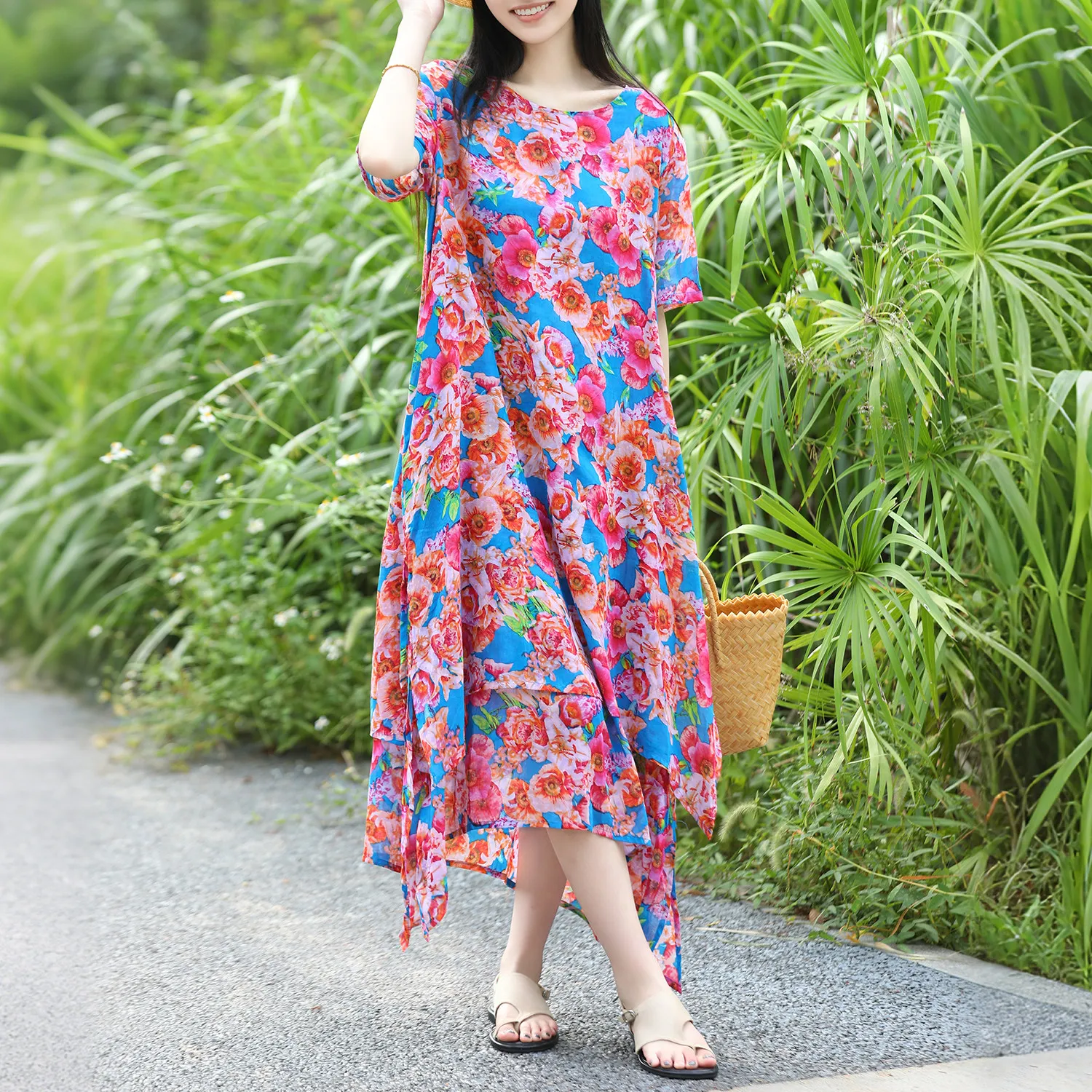 

LZJN Women's Summer New Ethnic Style Printed Dress - Loose Fit, Comfortable Cotton, Flowing Irregular Hem Long Maxi Skirt