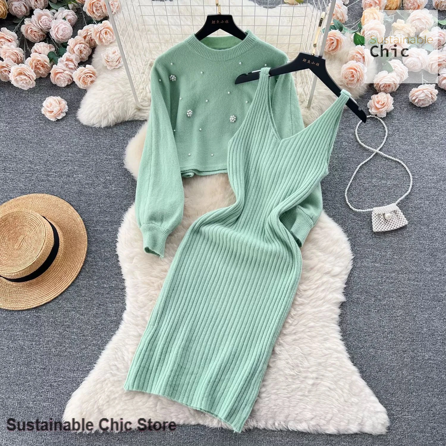 

French style solid color fashion two-piece sweater skirt women's autumn and winter temperament round neck beaded short sweater