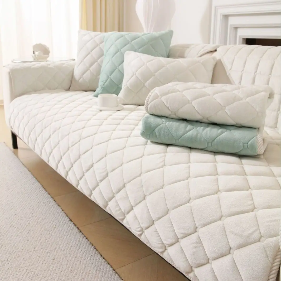 

Plain Quilted Anti-Slip Sofa Cover Crystal Fleece Seat Cushion Pad Grids Jacquard Sofa Slipcover Dust Proof Furniture Protector